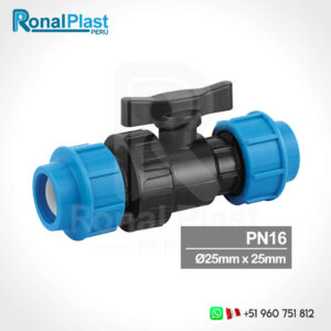 Válvula de Bola Doble Union para Mangueras HDPE de 25mm x 25mm (PN16)