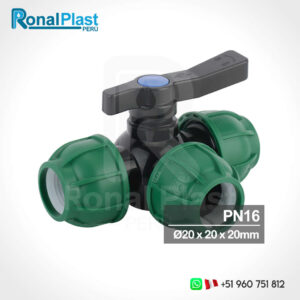 Válvula de Bola de 3 Vías para Mangueras HDPE de 20 x 20 x 20mm (PN16)